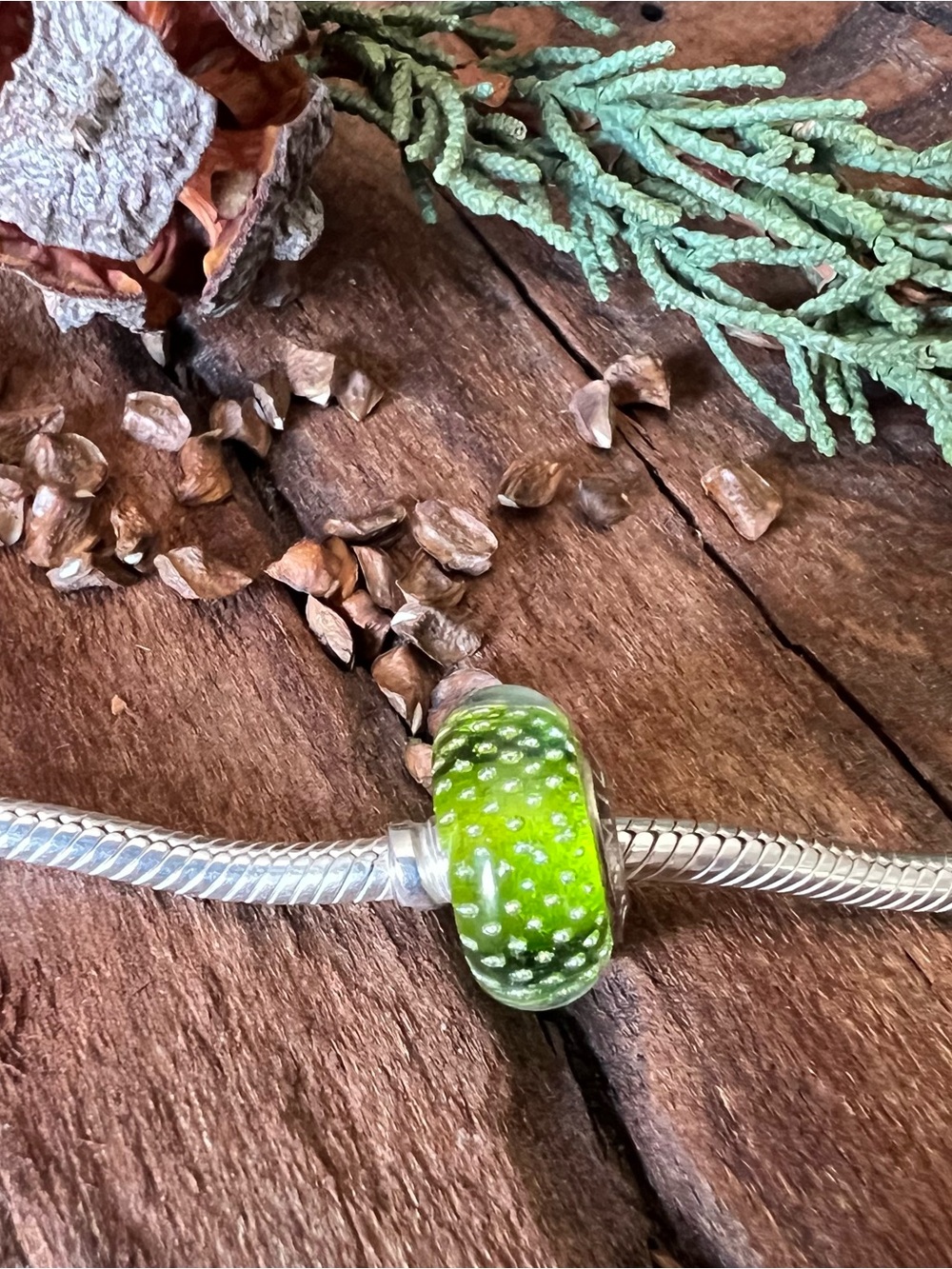 Authentic Chamilia Murano Mystic Collection Lime Glass Bead Silver Core Spring